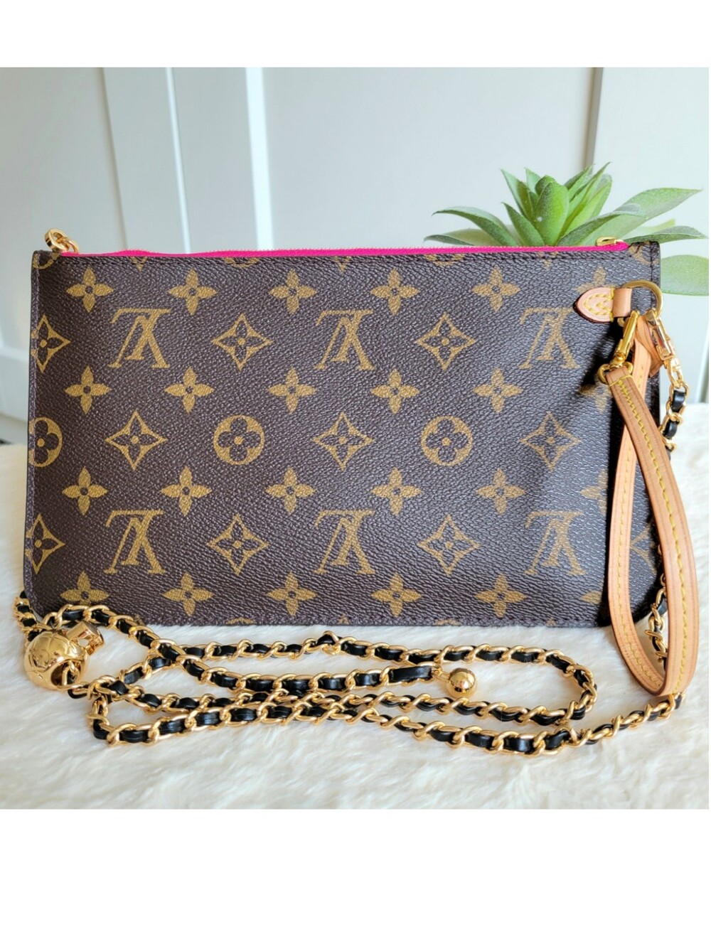 💕 LOUIS VUITTON Neverfull Monogram "PEONY" Mm/Gm Clutch/ Wristlet/Crossbody